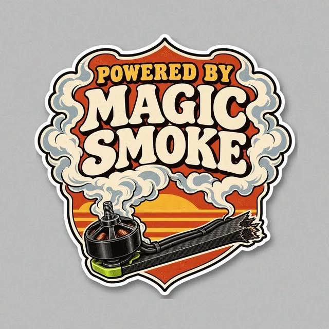 Retro tin-sign sticker with a smoking brushless motor on a carbon arm, lettering POWERED BY MAGIC SMOKE