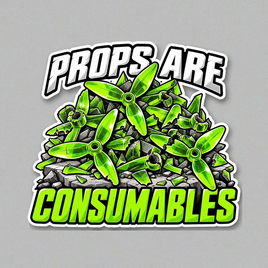 Sticker of a pile of broken acid-green 3-blade props, lettering PROPS ARE CONSUMABLES