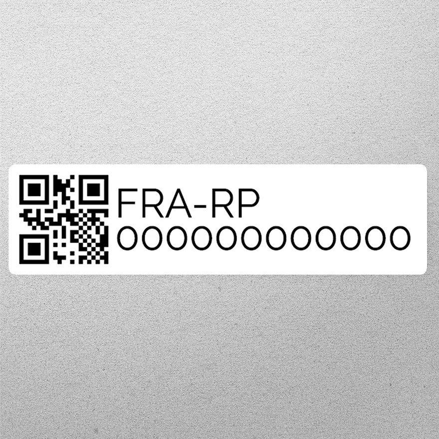 Drone operator ID label with QR code and FRA-RP registration number